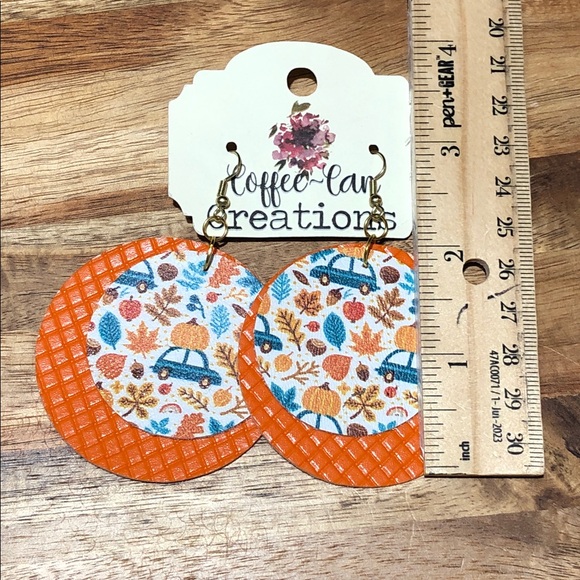 Handmade 3" fall  faux leather earrings, blue truck, pumpkins, fall leaves - Picture 3 of 4
